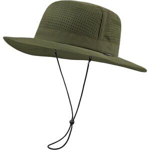 Unisex Green 100% Polyester Wide Brim Boonie Mesh Adjustable Chin Strip Sun Hat